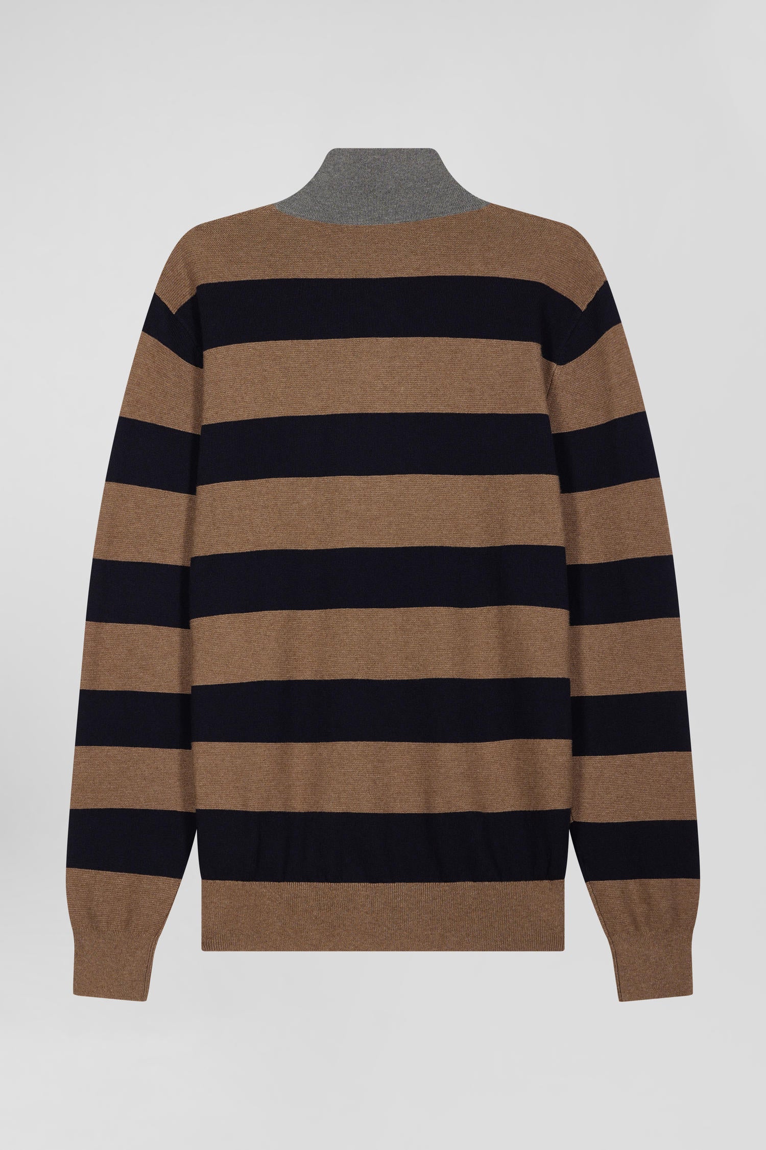 Regular brown striped cotton and cashmere jumper with rugby shirt collar