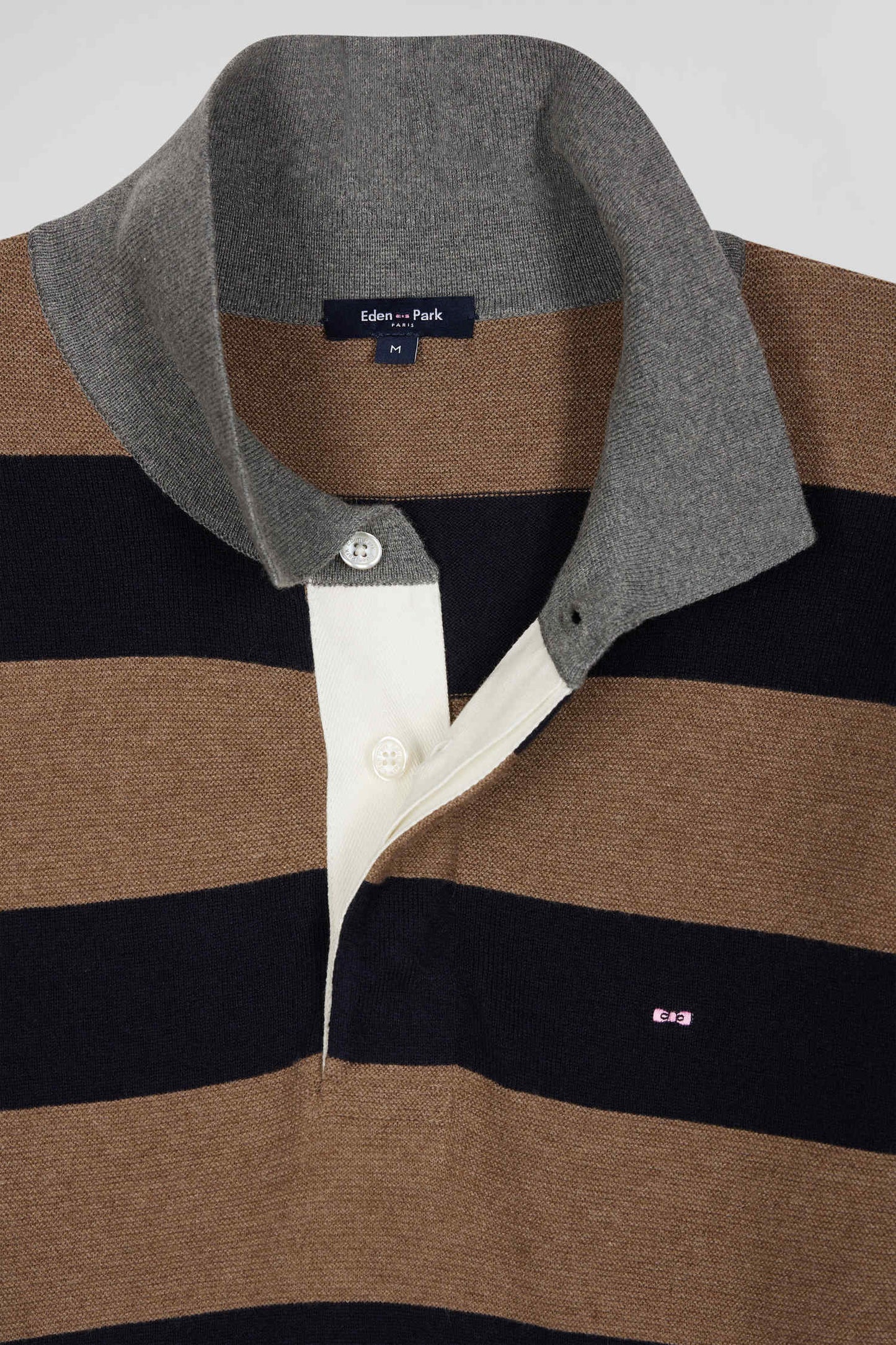 Regular brown striped cotton and cashmere jumper with rugby shirt collar