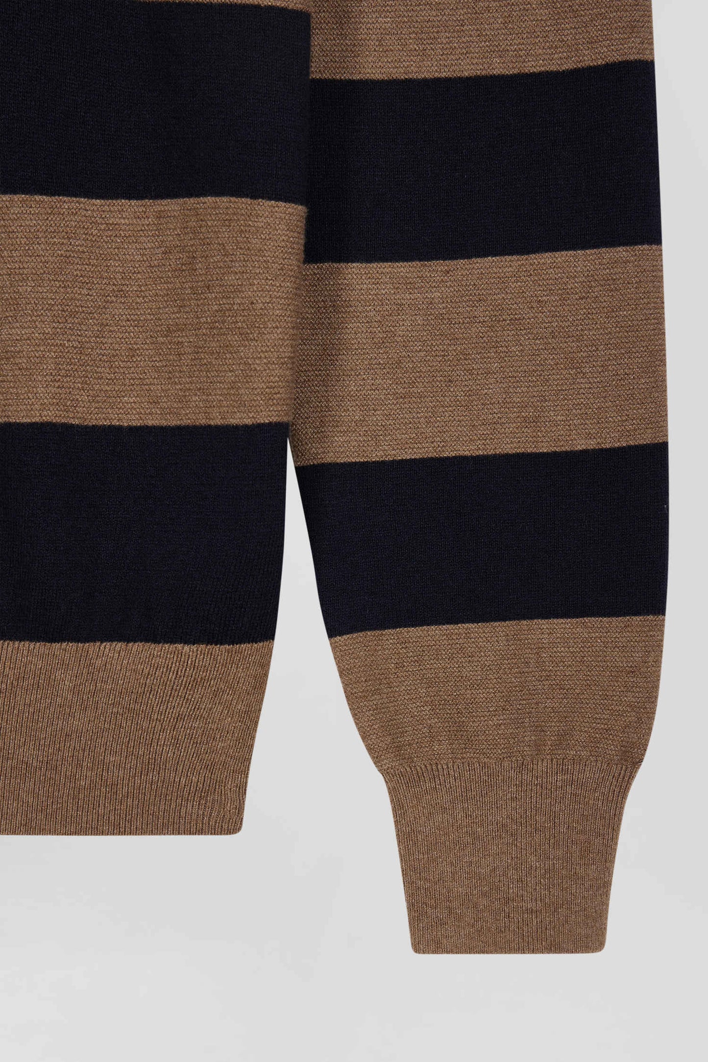 Regular brown striped cotton and cashmere jumper with rugby shirt collar