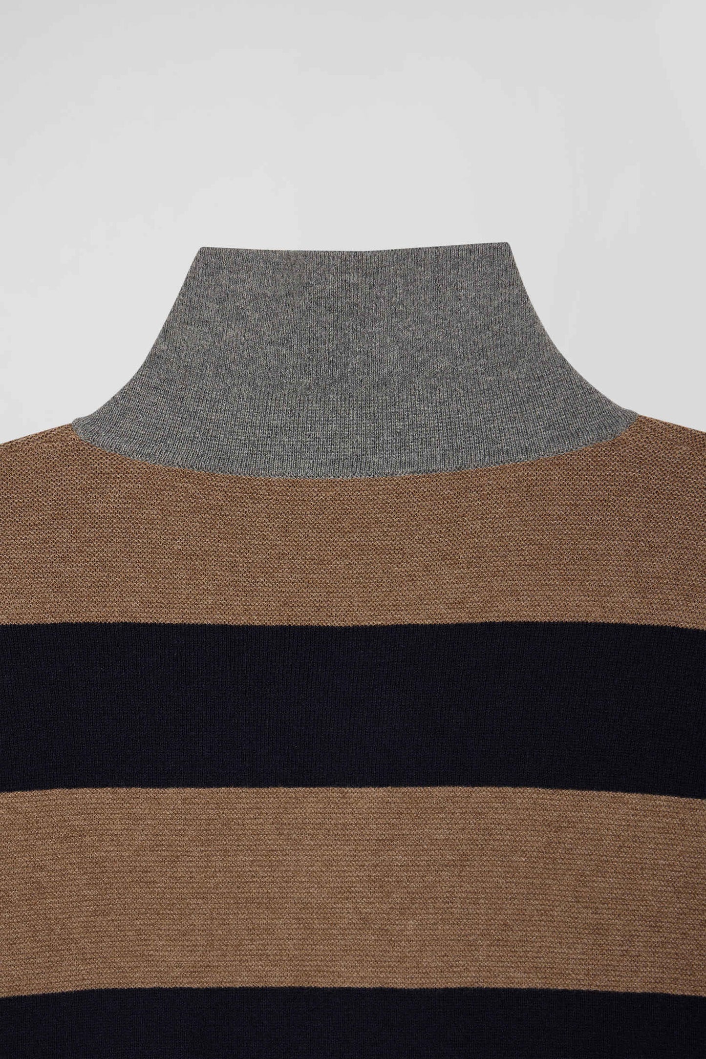 Regular brown striped cotton and cashmere jumper with rugby shirt collar