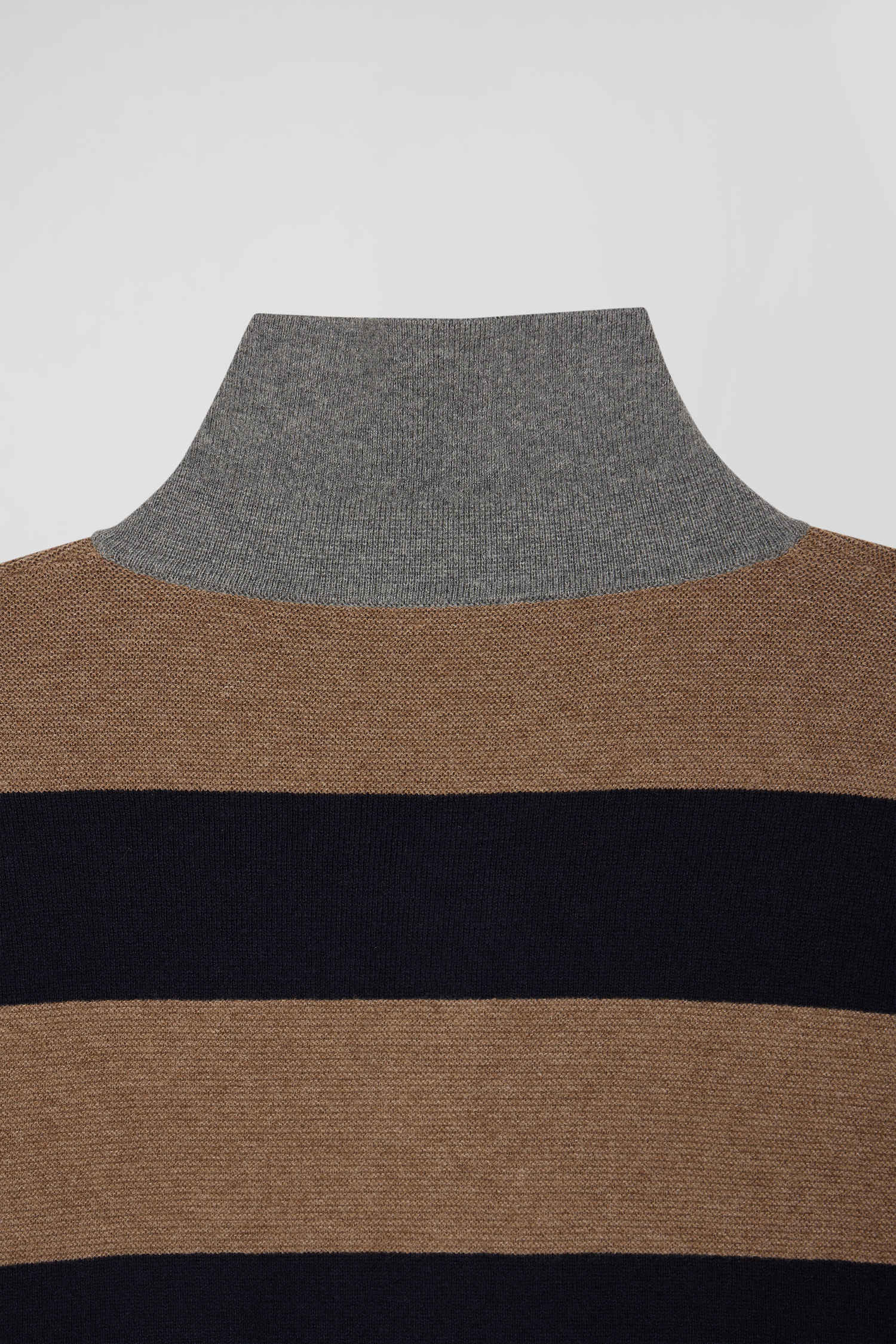 Regular brown striped cotton and cashmere jumper with rugby shirt collar