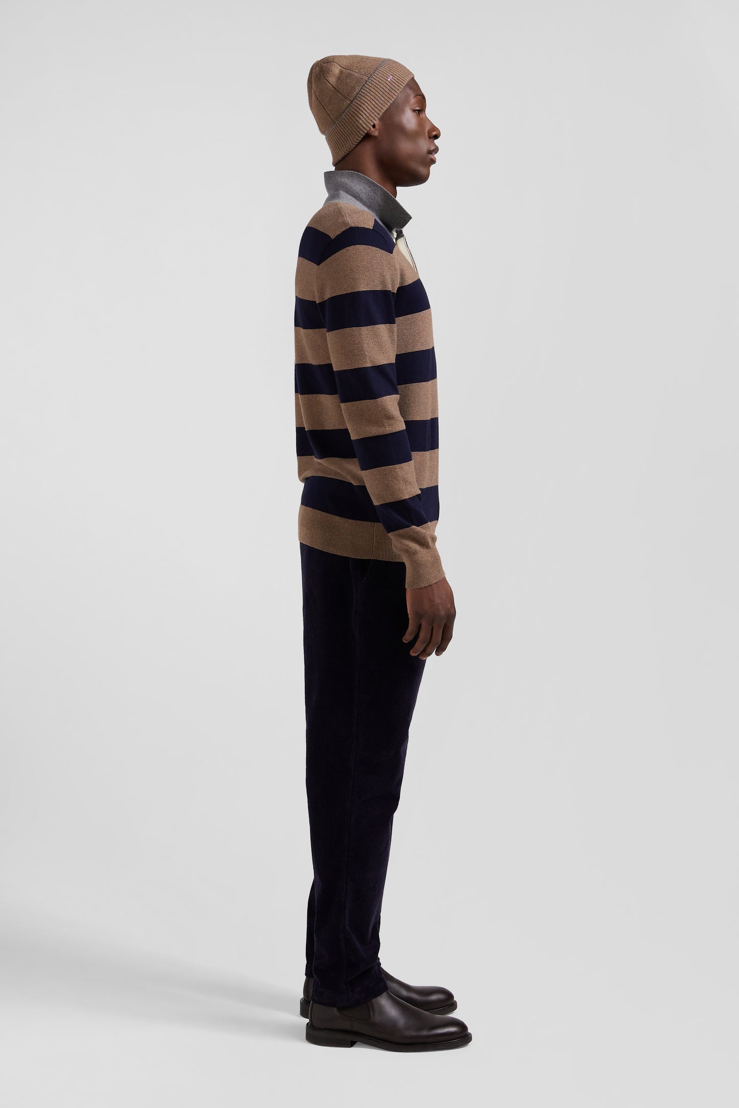 Regular brown striped cotton and cashmere jumper with rugby shirt collar