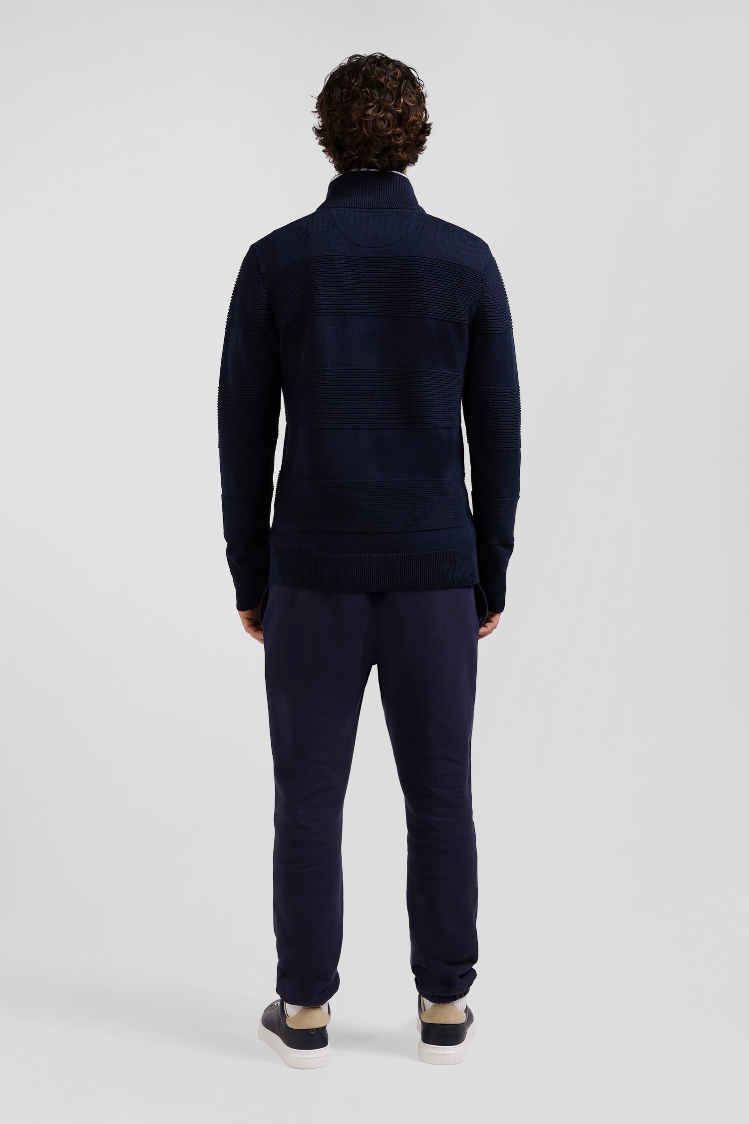 Regular navy blue semi-zipped cotton jumper with knit patterns