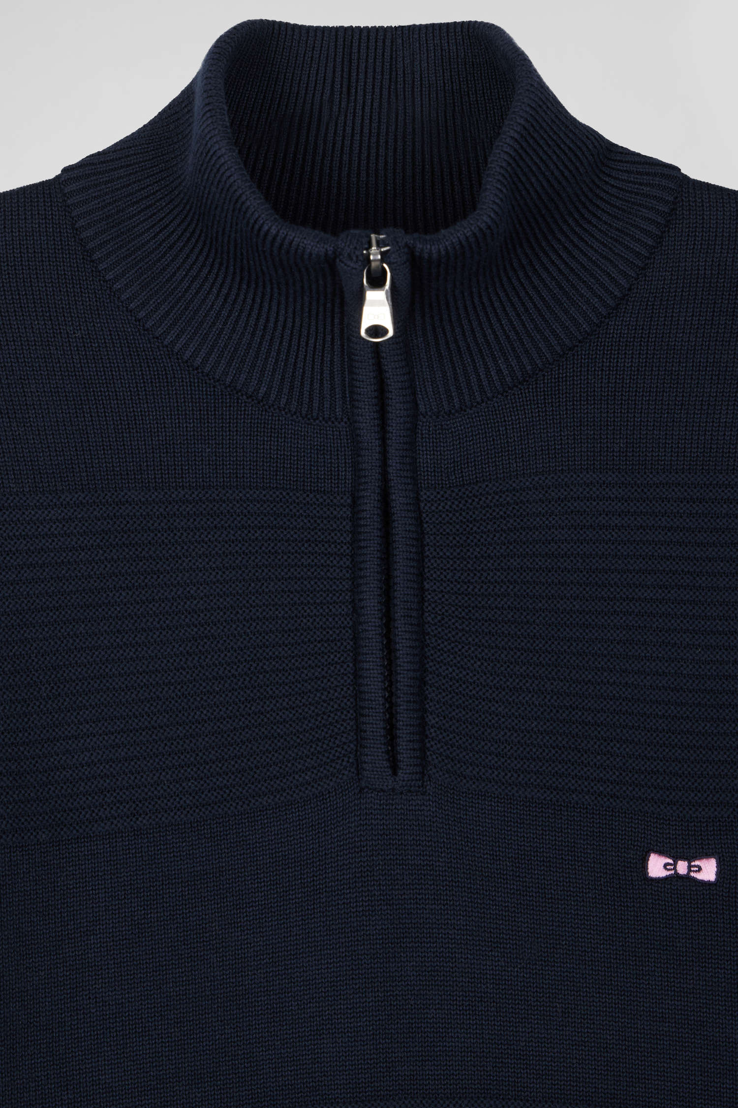 Regular navy blue semi-zipped cotton jumper with knit patterns