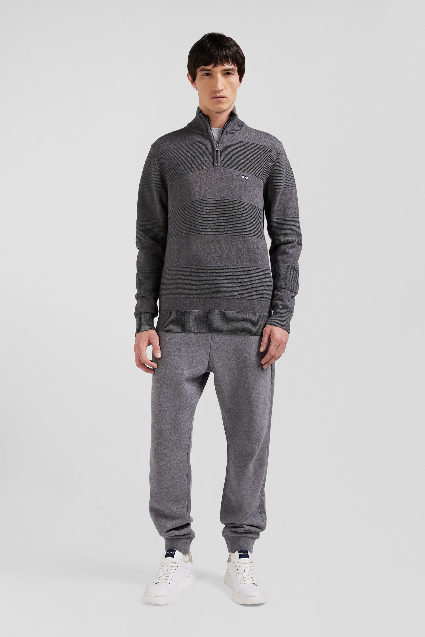 Grey cotton half-zip jumper with knit details Regular fit