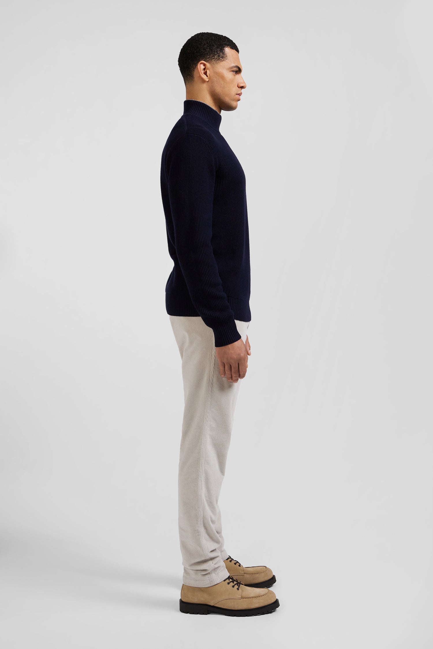 Regular navy blue wool and cotton high-neck jumper