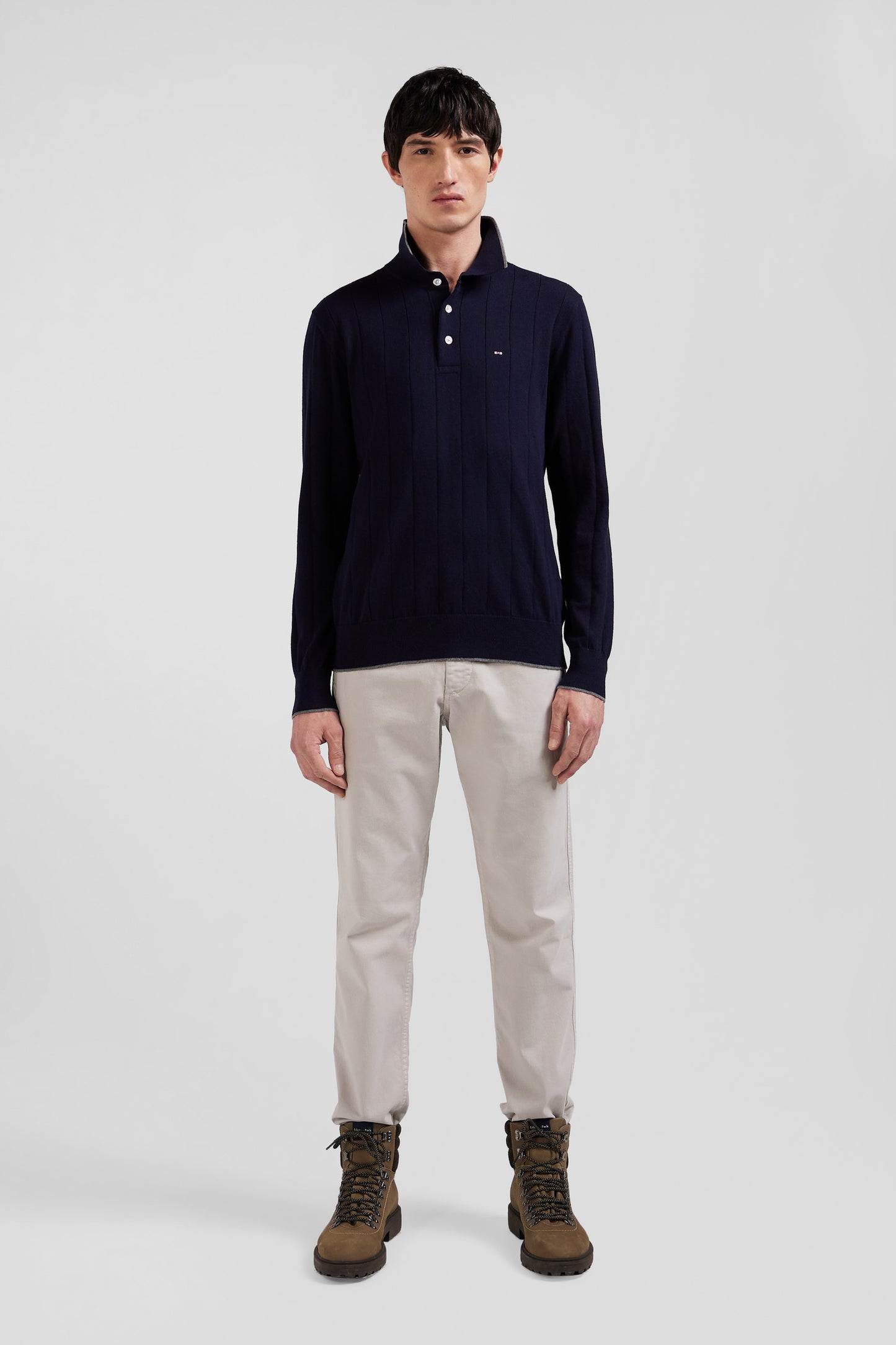 Regular navy blue cotton and cashmere jumper with rugby shirt collar