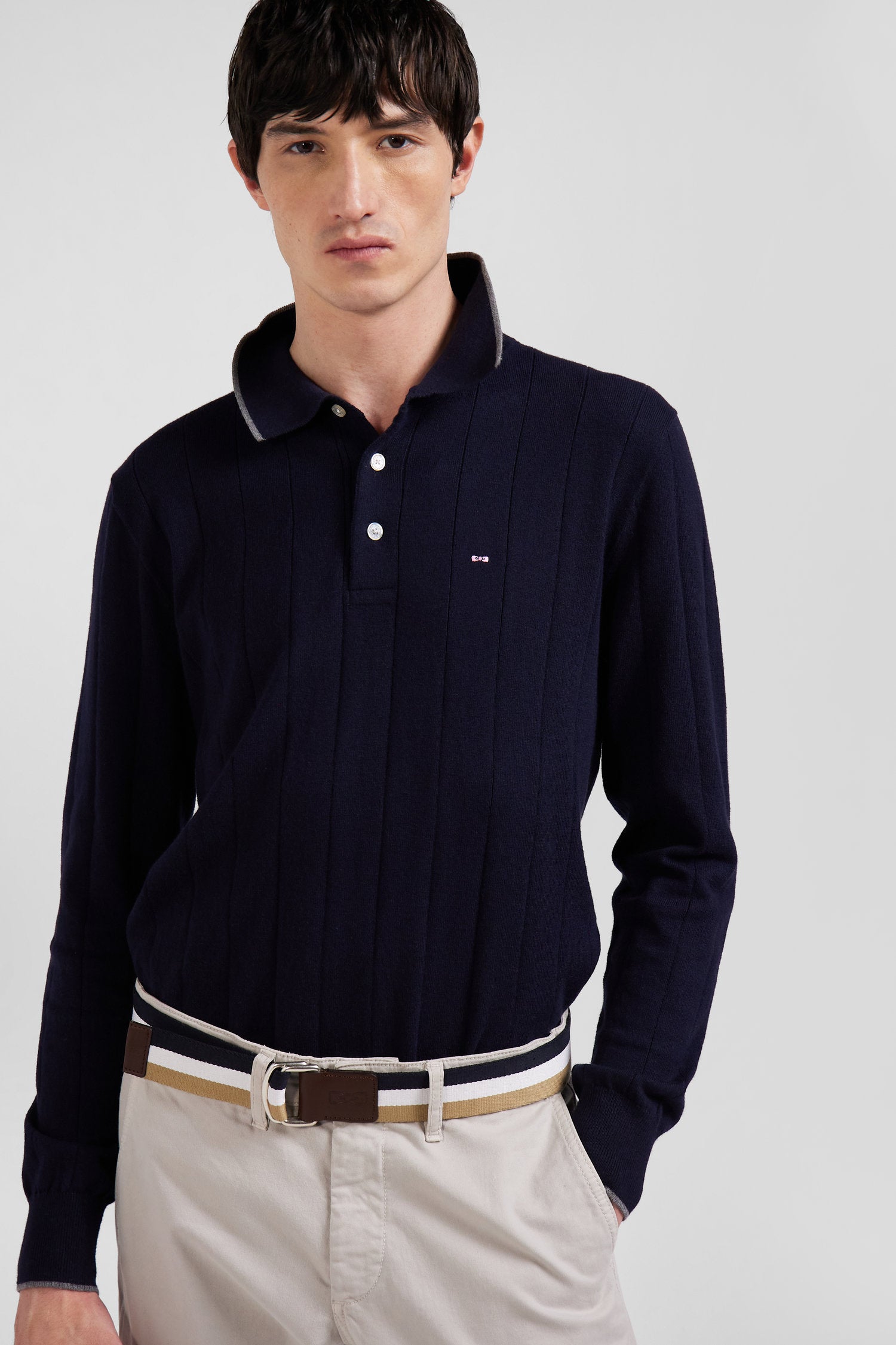 Regular navy blue cotton and cashmere jumper with rugby shirt collar