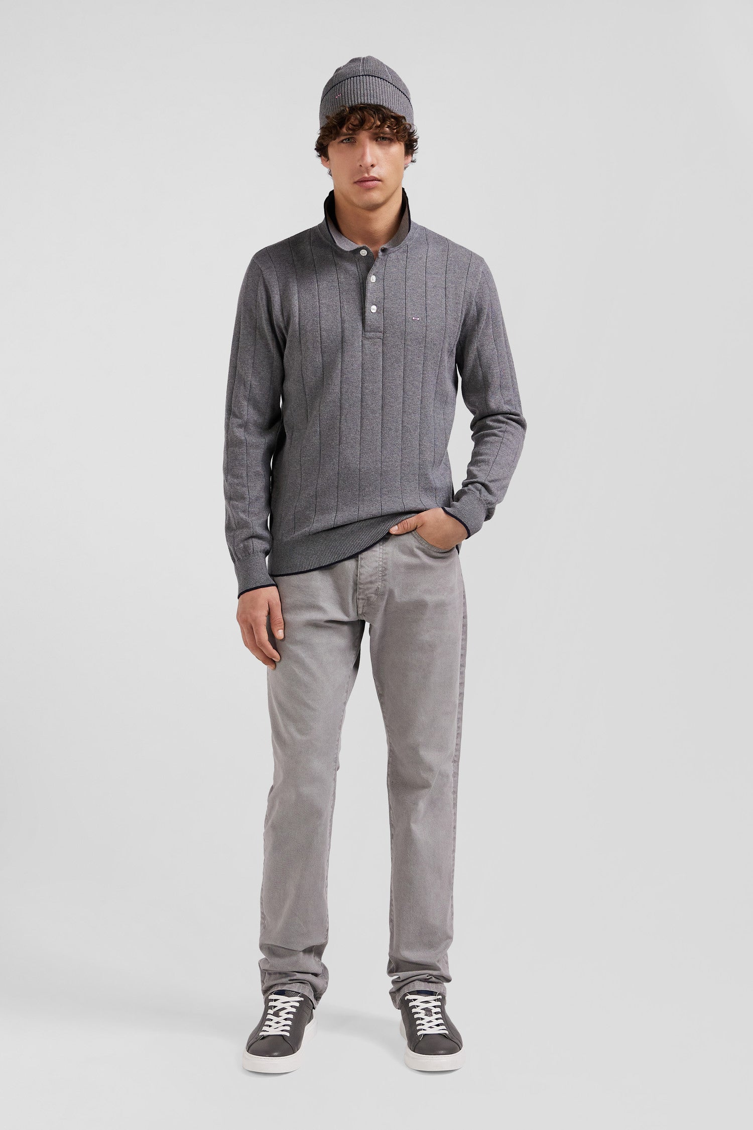 Regular grey cotton and cashmere jumper with rugby shirt collar