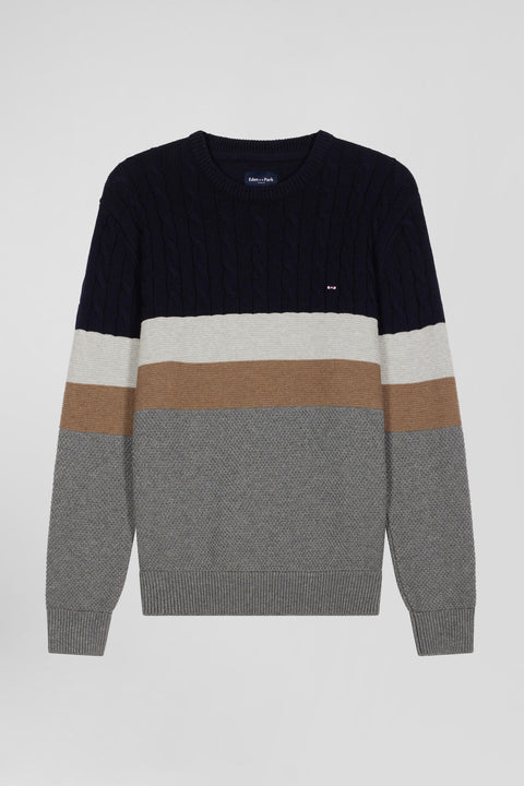 Regular grey wool and cotton crew neck jumper with knit patterns - Image 2