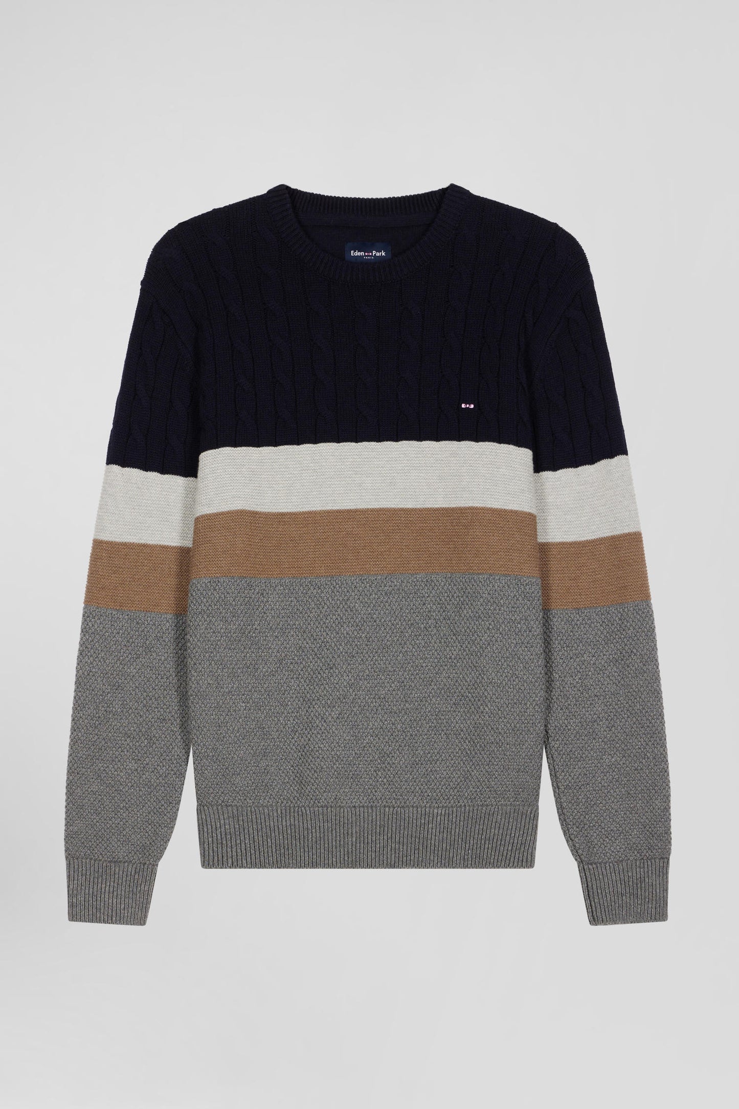 Regular grey wool and cotton crew neck jumper with knit patterns