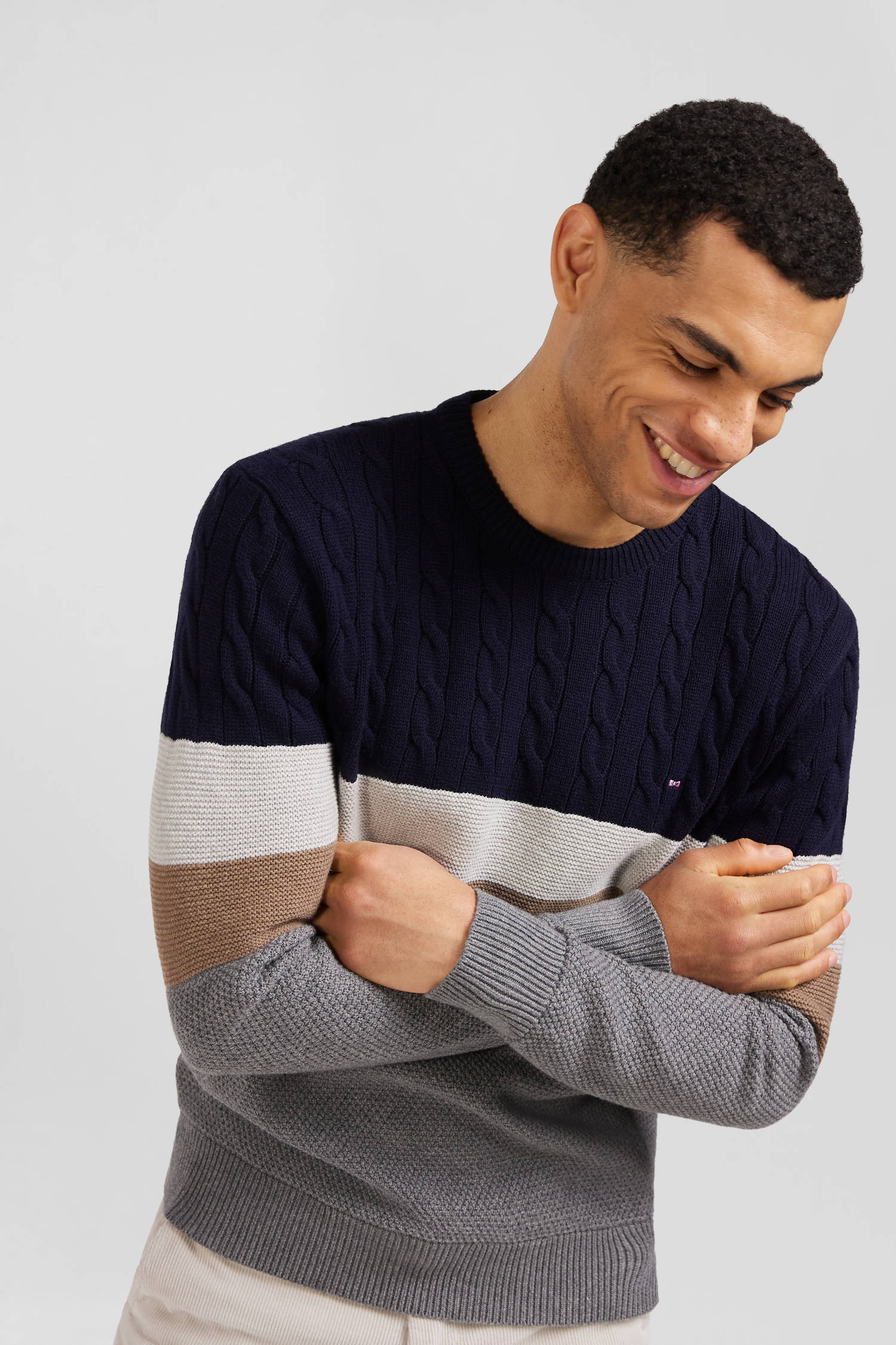 Regular grey wool and cotton crew neck jumper with knit patterns