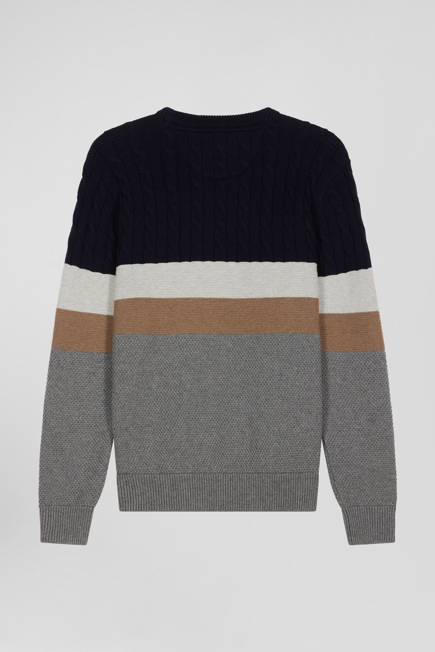 Regular grey wool and cotton crew neck jumper with knit patterns