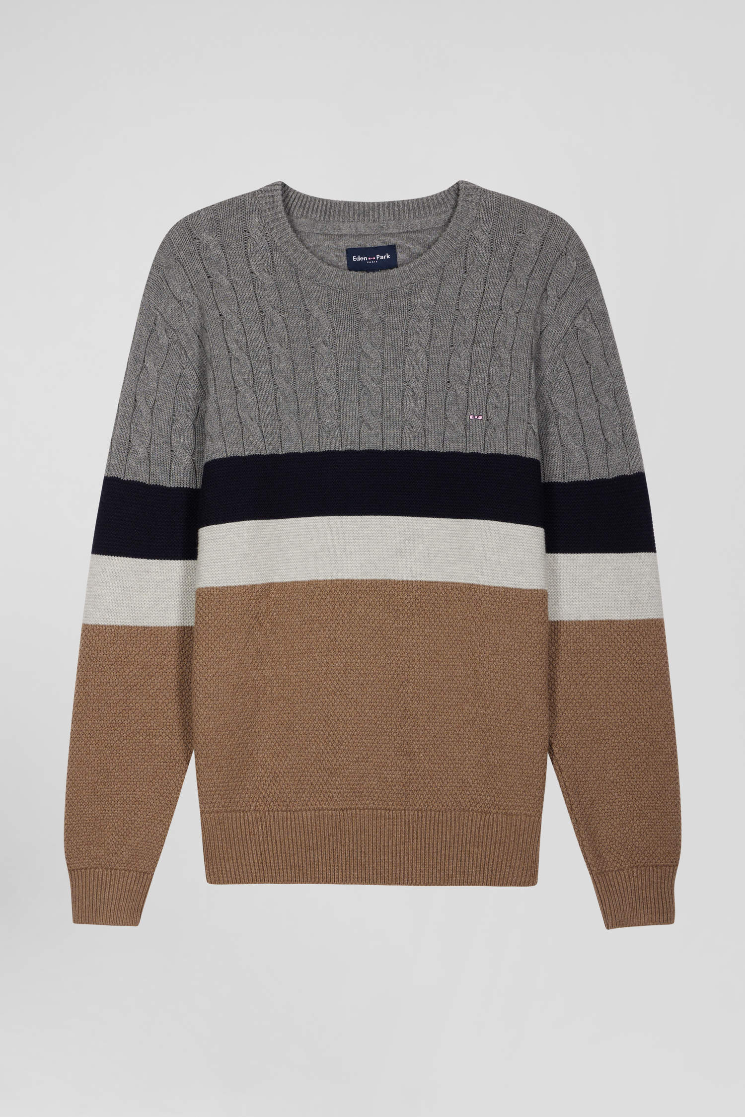 Regular brown wool and cotton crew neck jumper with knit patterns