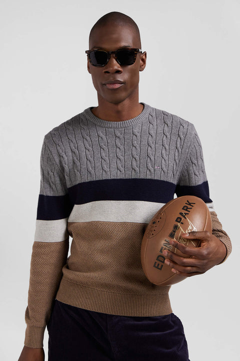 Regular brown wool and cotton crew neck jumper with knit patterns - Image 3