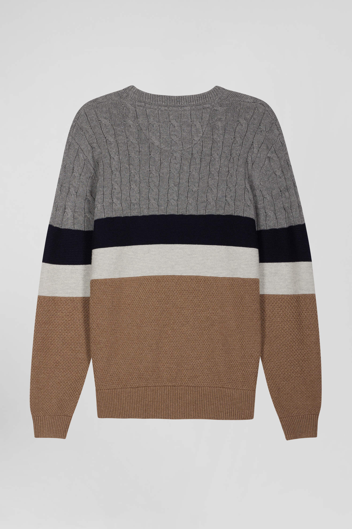 Regular brown wool and cotton crew neck jumper with knit patterns