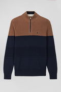 Regular camel cotton semi-zipped jumper with knit patterns