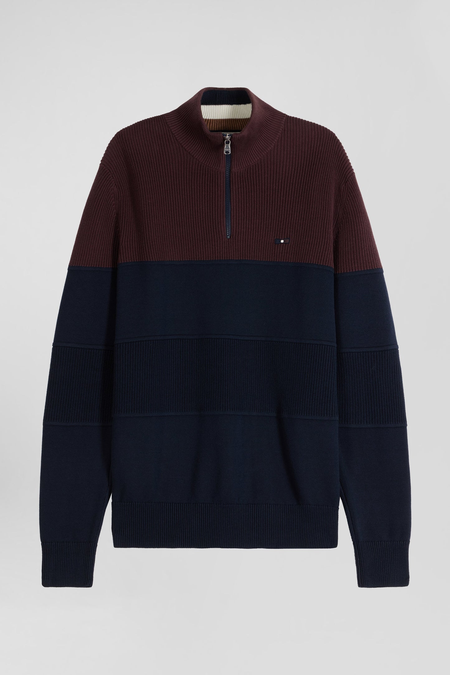 Regular burgundy cotton semi-zipped jumper with knit patterns