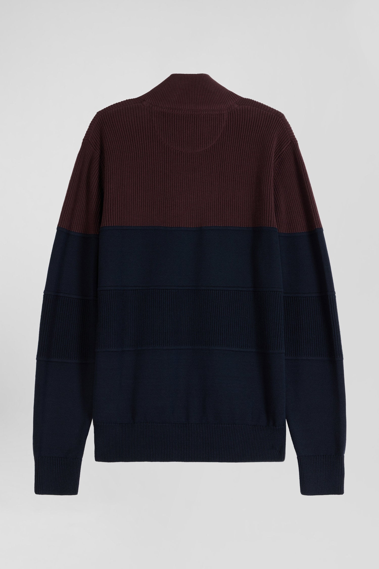 Regular burgundy cotton semi-zipped jumper with knit patterns