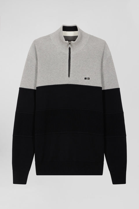 Grey cotton half-zip jumper with knit details Regular fit - Image 2