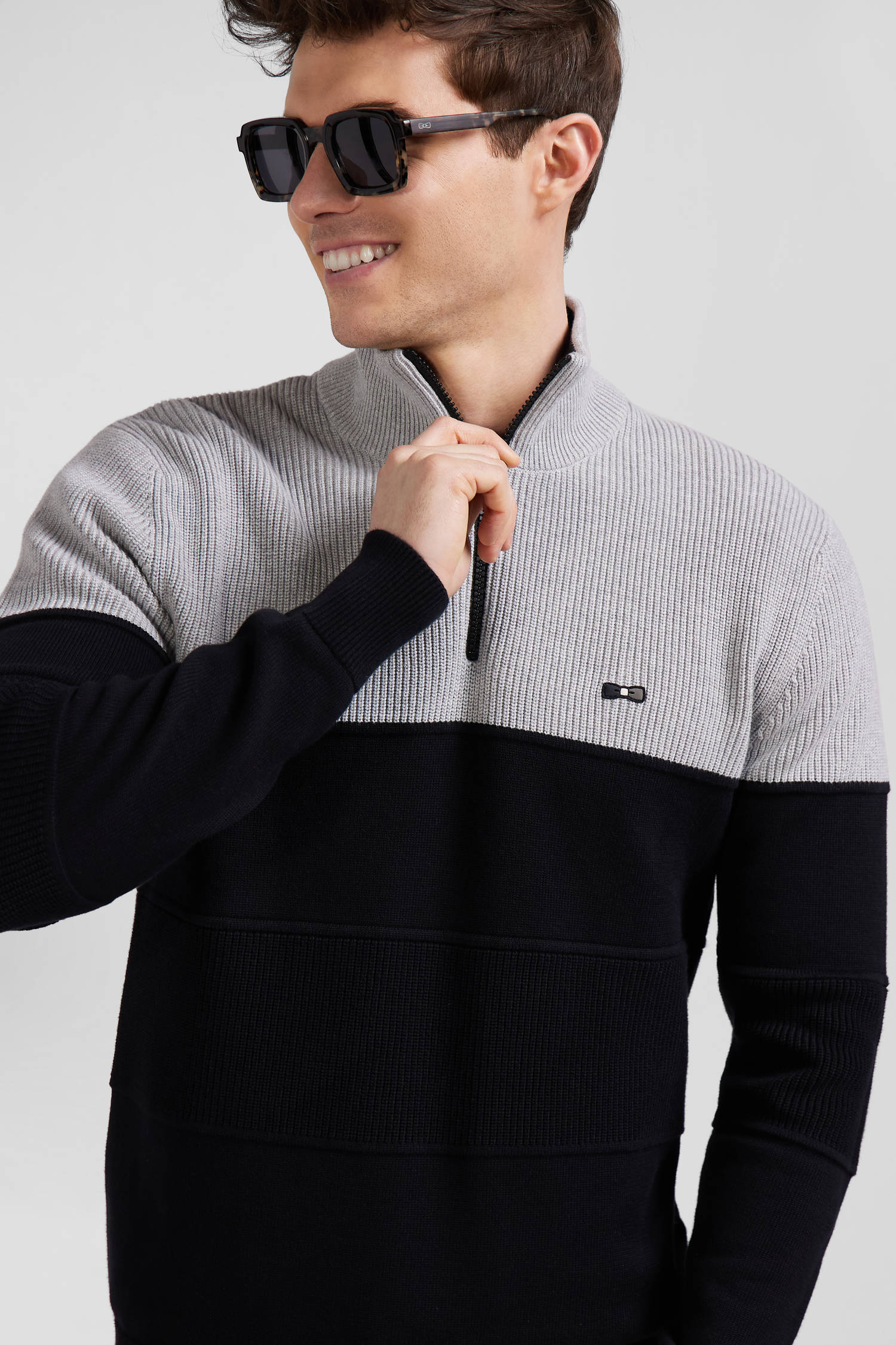 Grey cotton half-zip jumper with knit details Regular fit