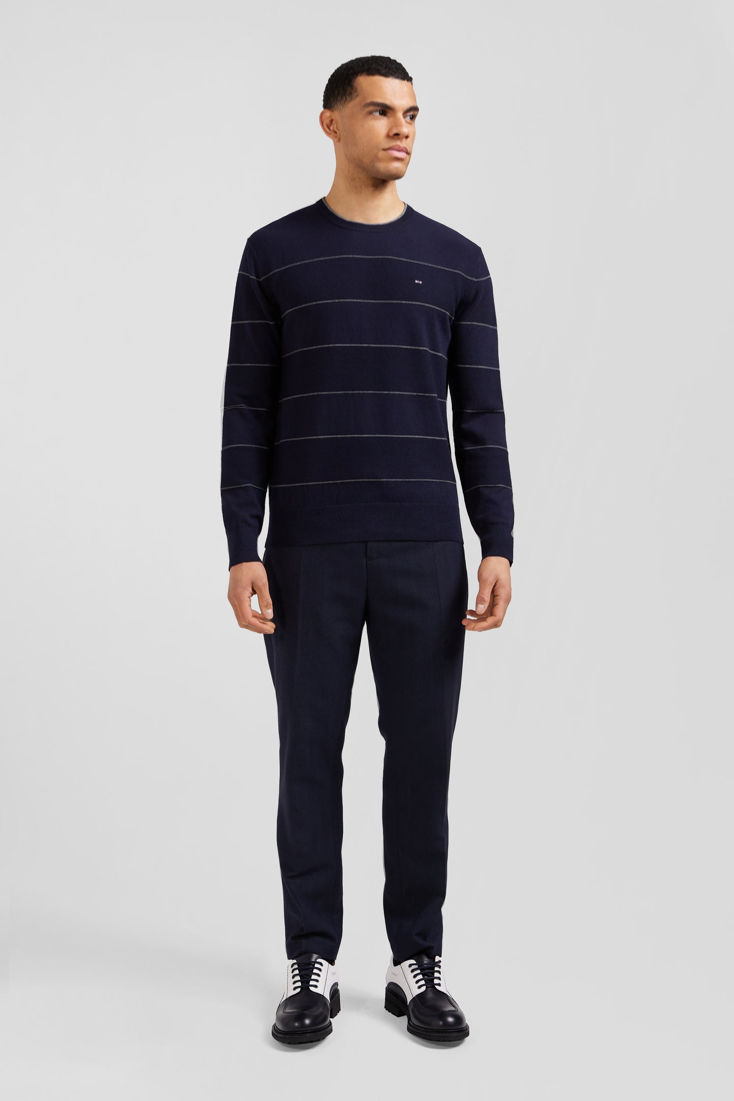 Regular navy striped cotton and cashmere crew neck jumper