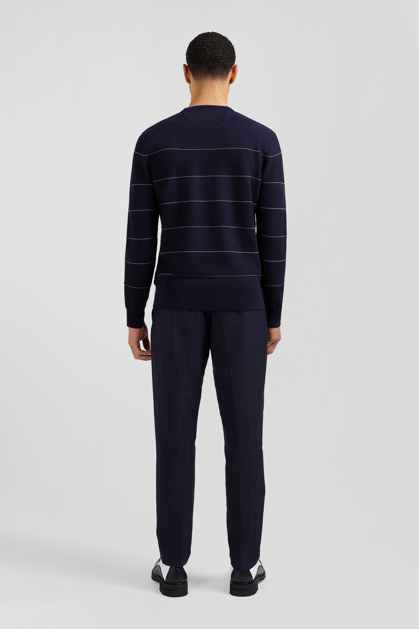 Regular navy striped cotton and cashmere crew neck jumper