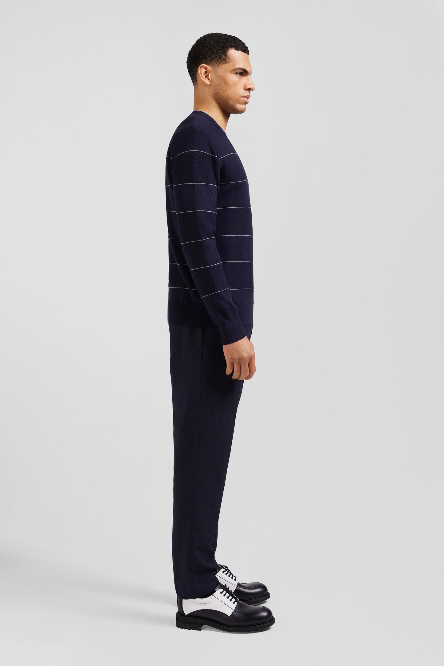 Regular navy striped cotton and cashmere crew neck jumper