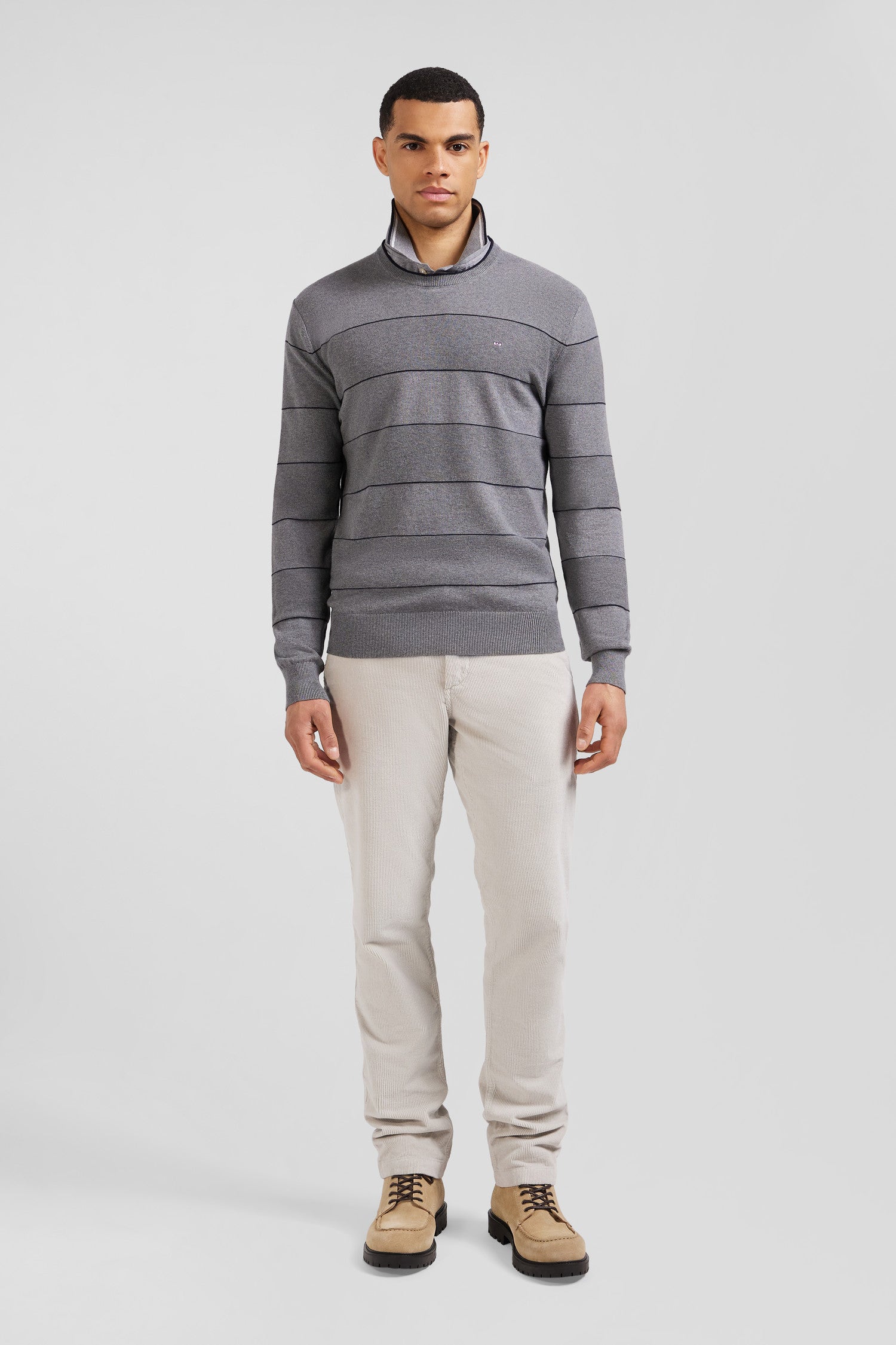 Regular grey striped cotton and cashmere crew neck jumper