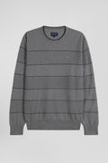 Regular grey striped cotton and cashmere crew neck jumper