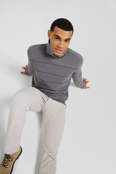 Regular grey striped cotton and cashmere crew neck jumper - Image 3