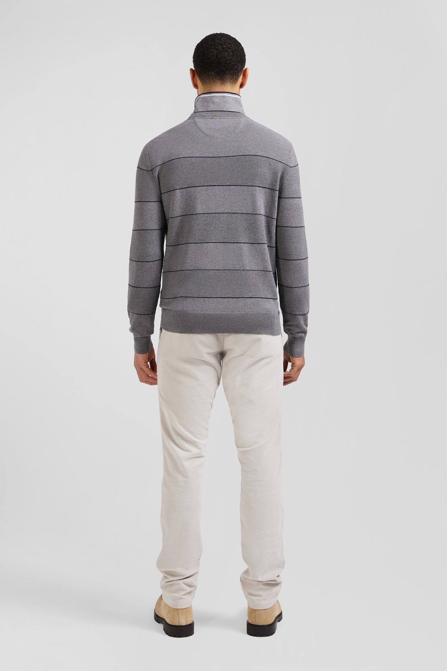 Regular grey striped cotton and cashmere crew neck jumper