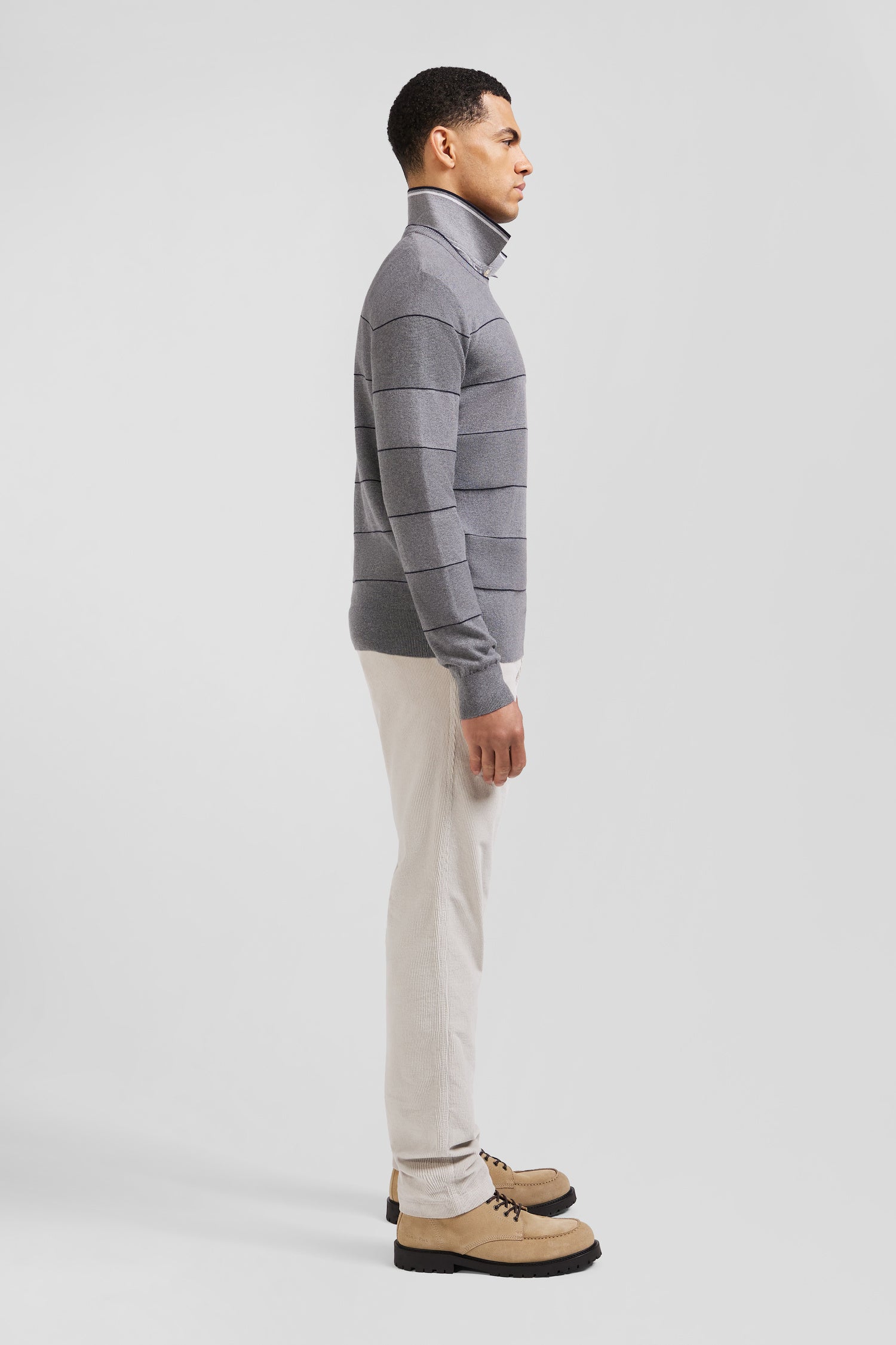 Regular grey striped cotton and cashmere crew neck jumper