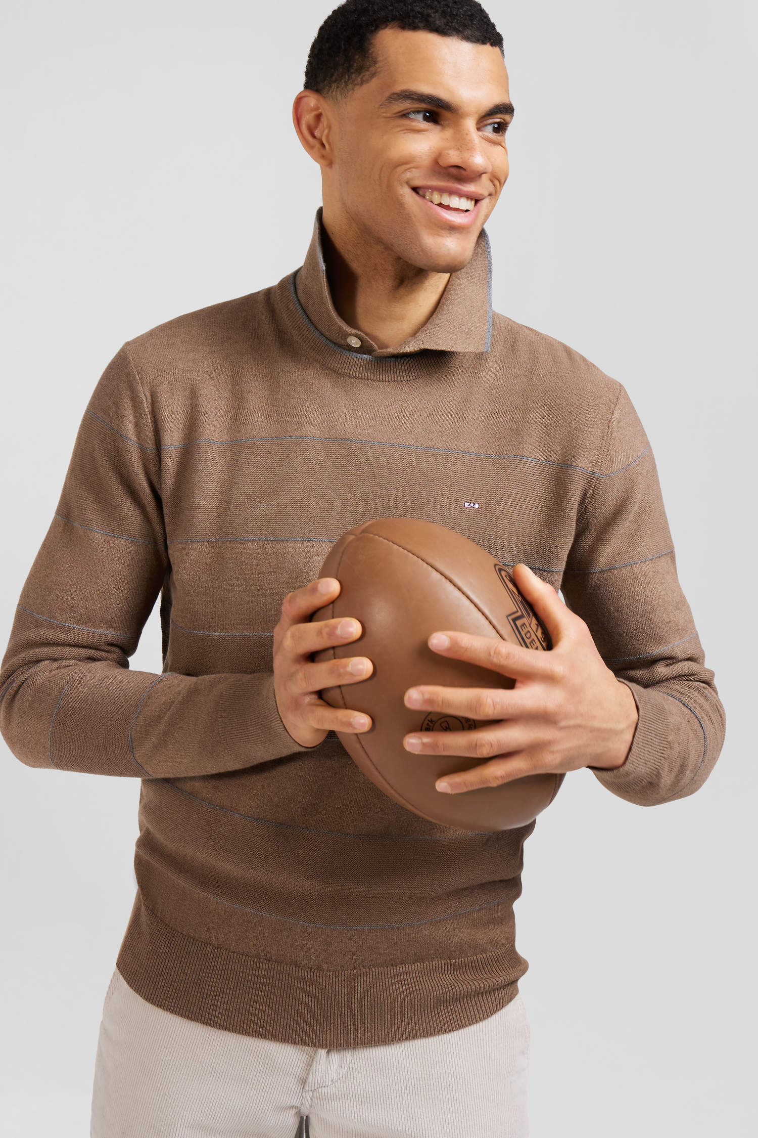 Regular brown striped cotton and cashmere crew neck jumper