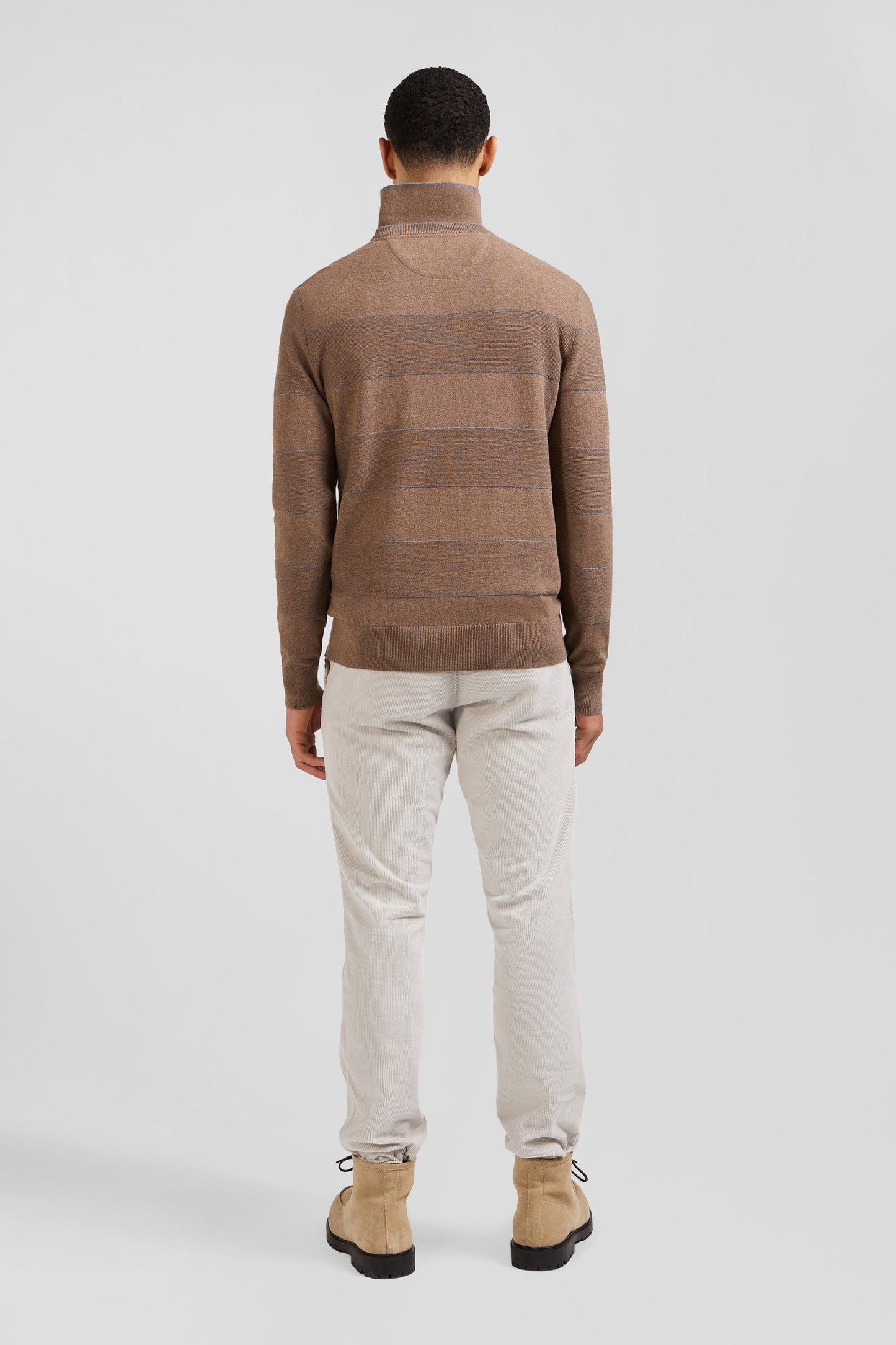 Regular brown striped cotton and cashmere crew neck jumper