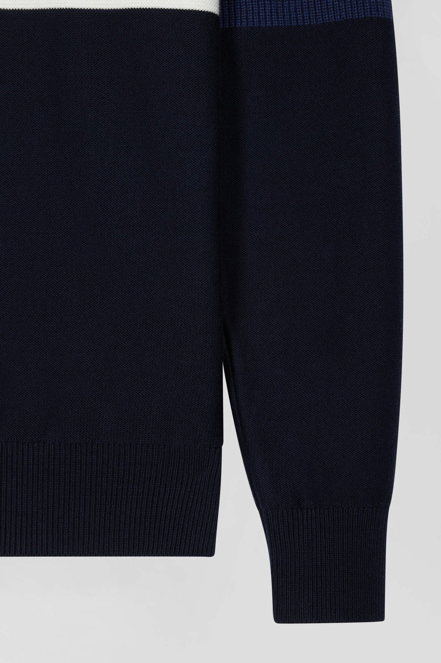 Regular dark blue semi-zipped cotton jumper with knit patterns