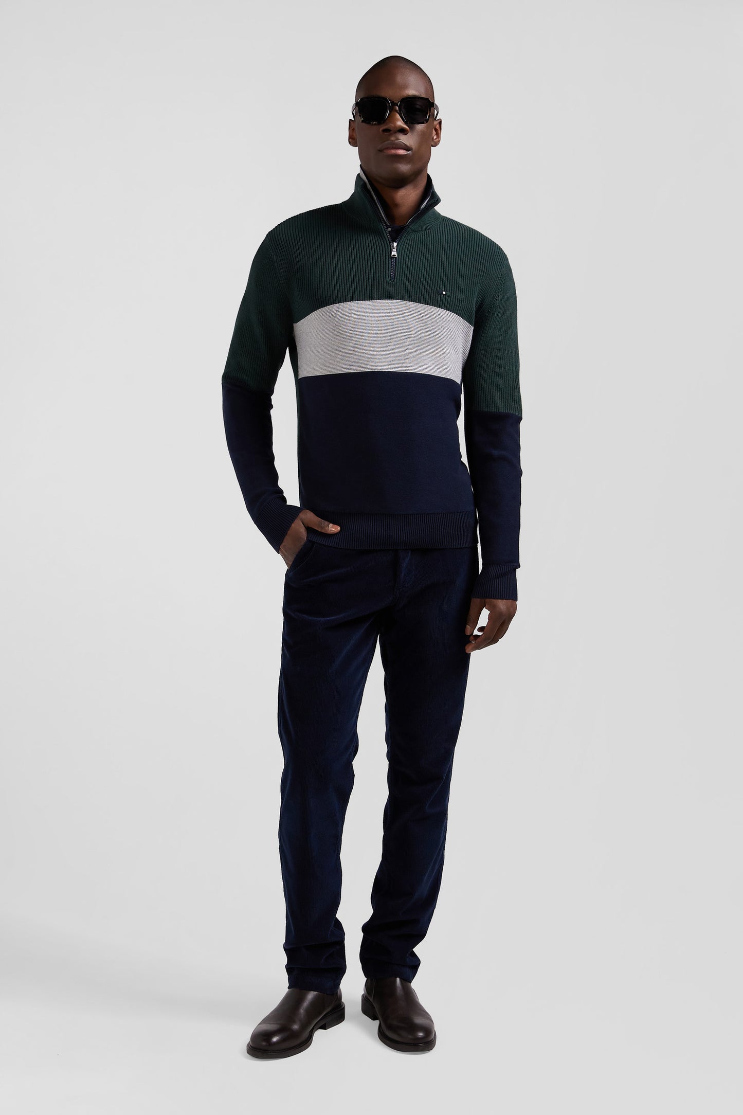 Regular green semi-zipped cotton jumper with knit patterns