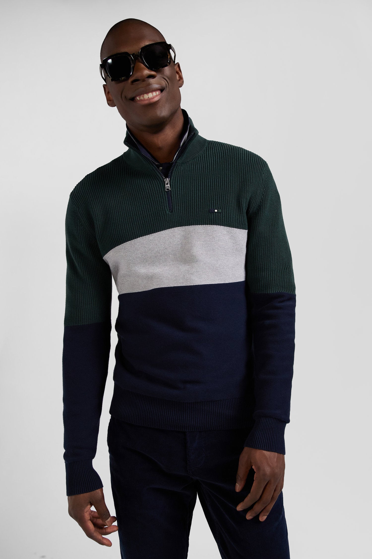 Regular green semi-zipped cotton jumper with knit patterns