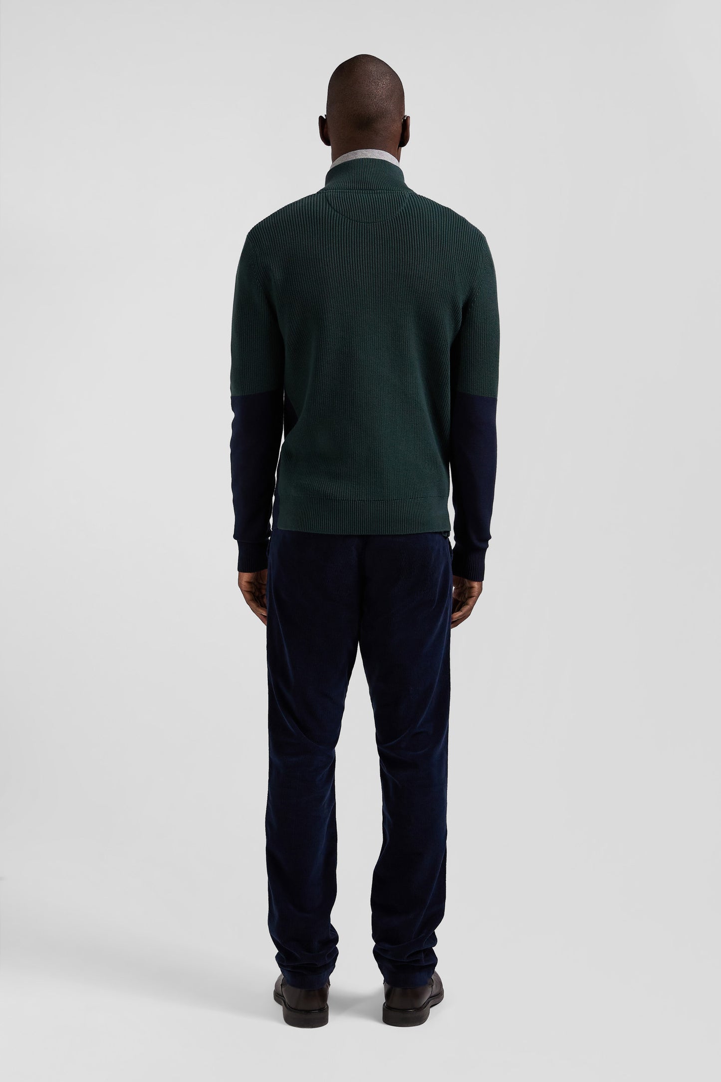 Regular green semi-zipped cotton jumper with knit patterns