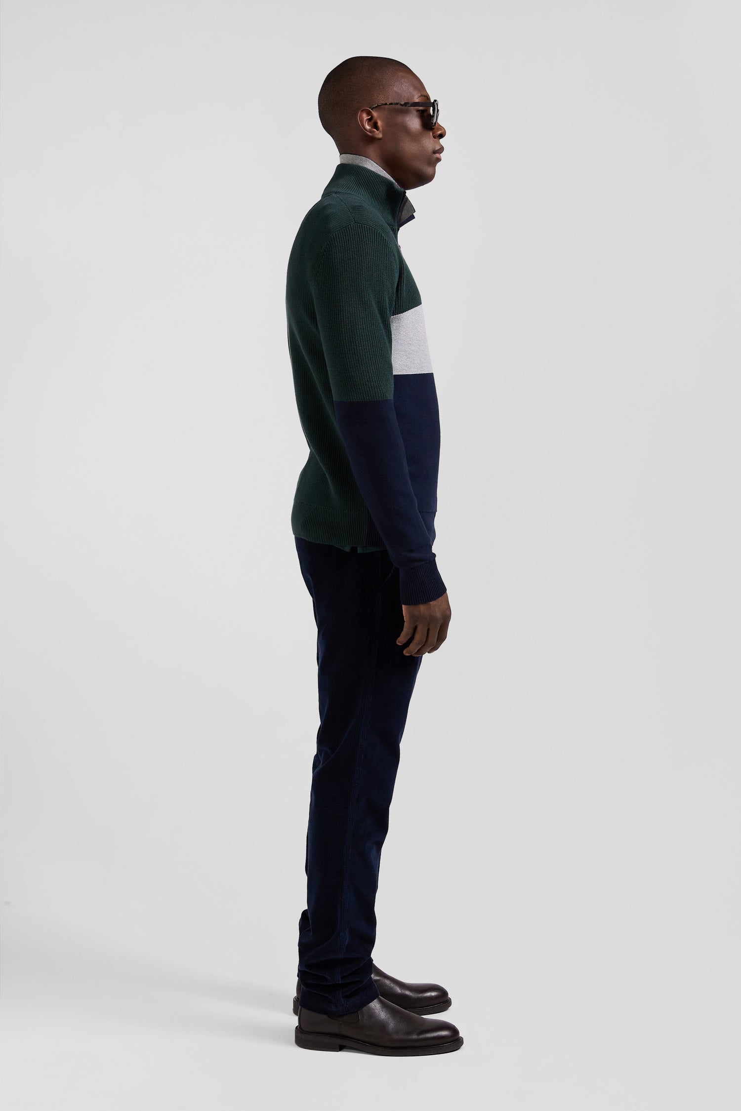 Regular green semi-zipped cotton jumper with knit patterns