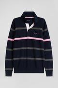 Regular navy blue striped cotton polo neck jumper