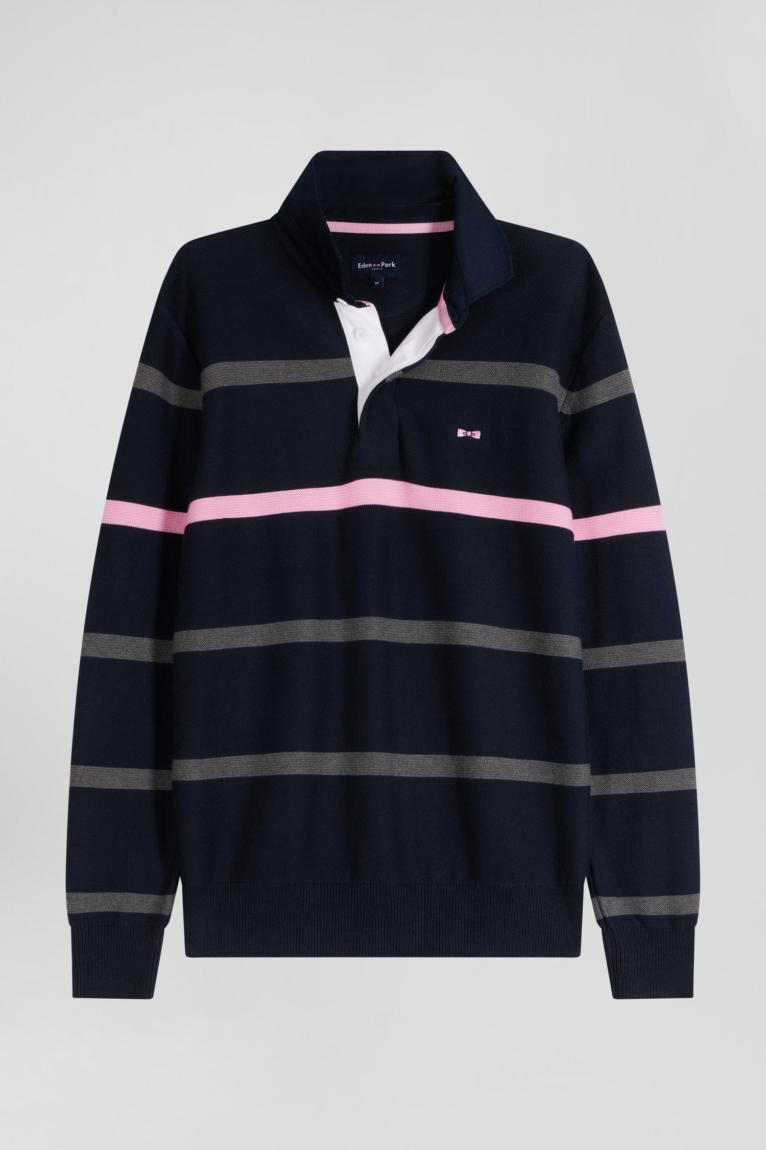 Regular navy blue striped cotton polo neck jumper