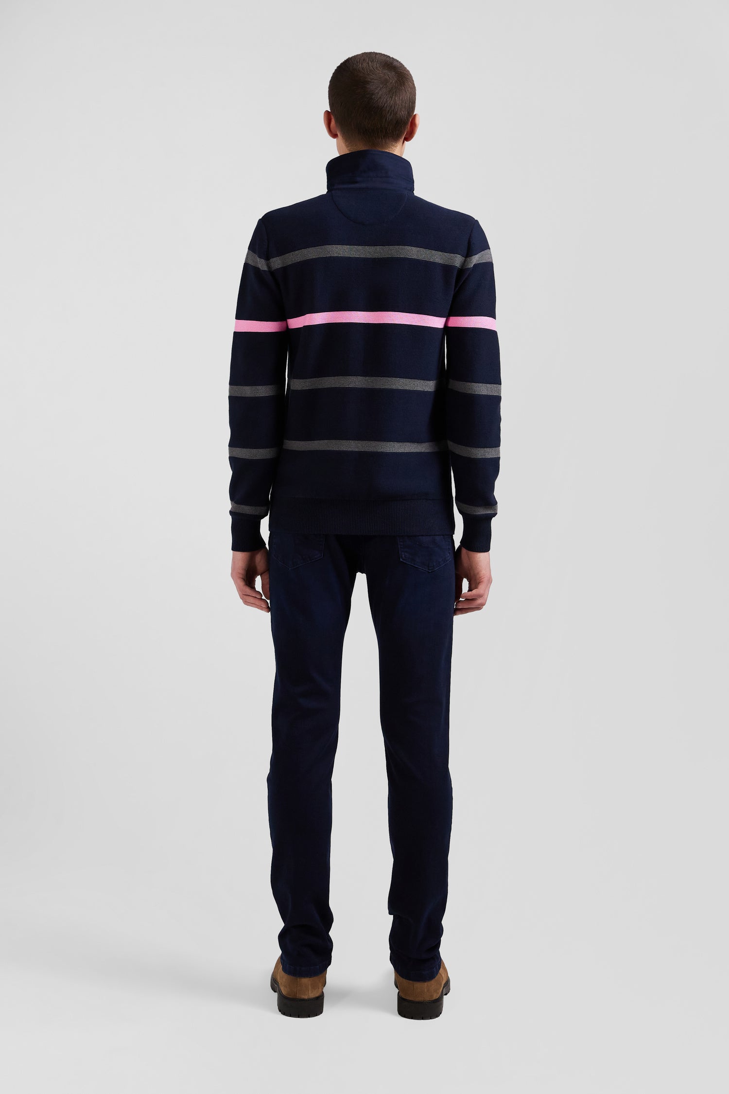 Regular navy blue striped cotton polo neck jumper