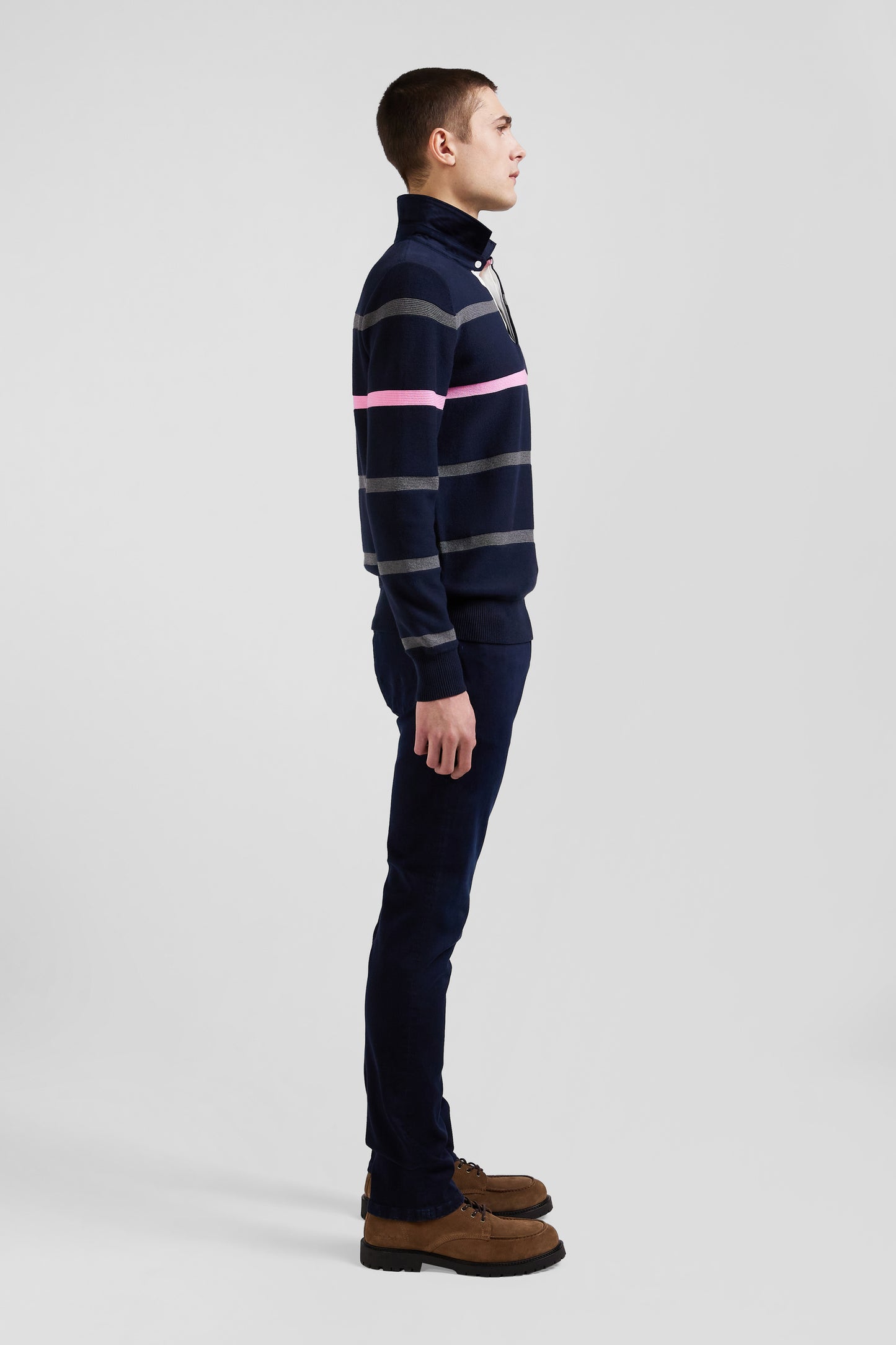 Regular navy blue striped cotton polo neck jumper