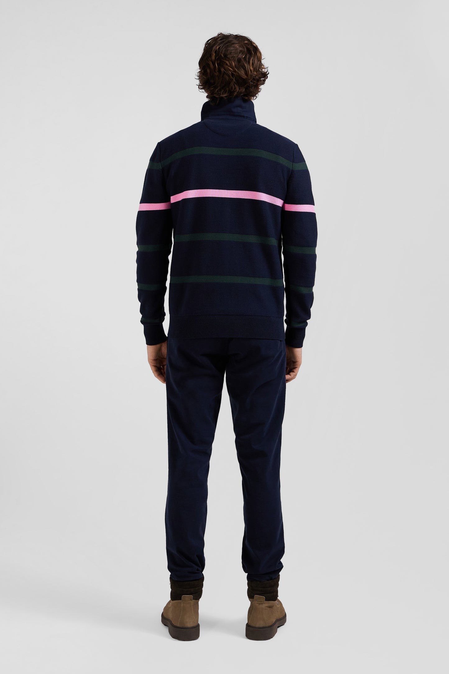 Regular green striped cotton polo neck jumper