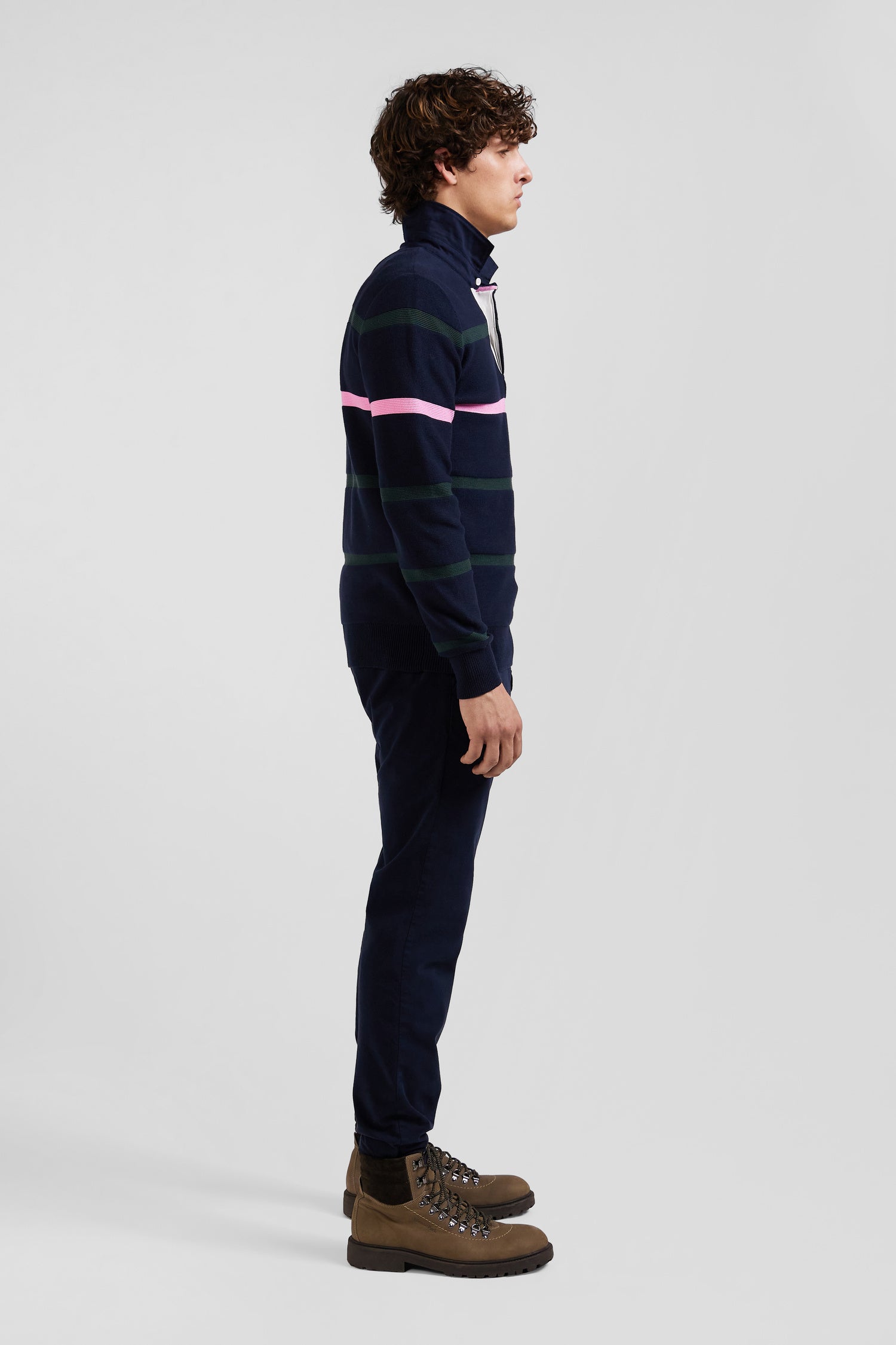 Regular green striped cotton polo neck jumper