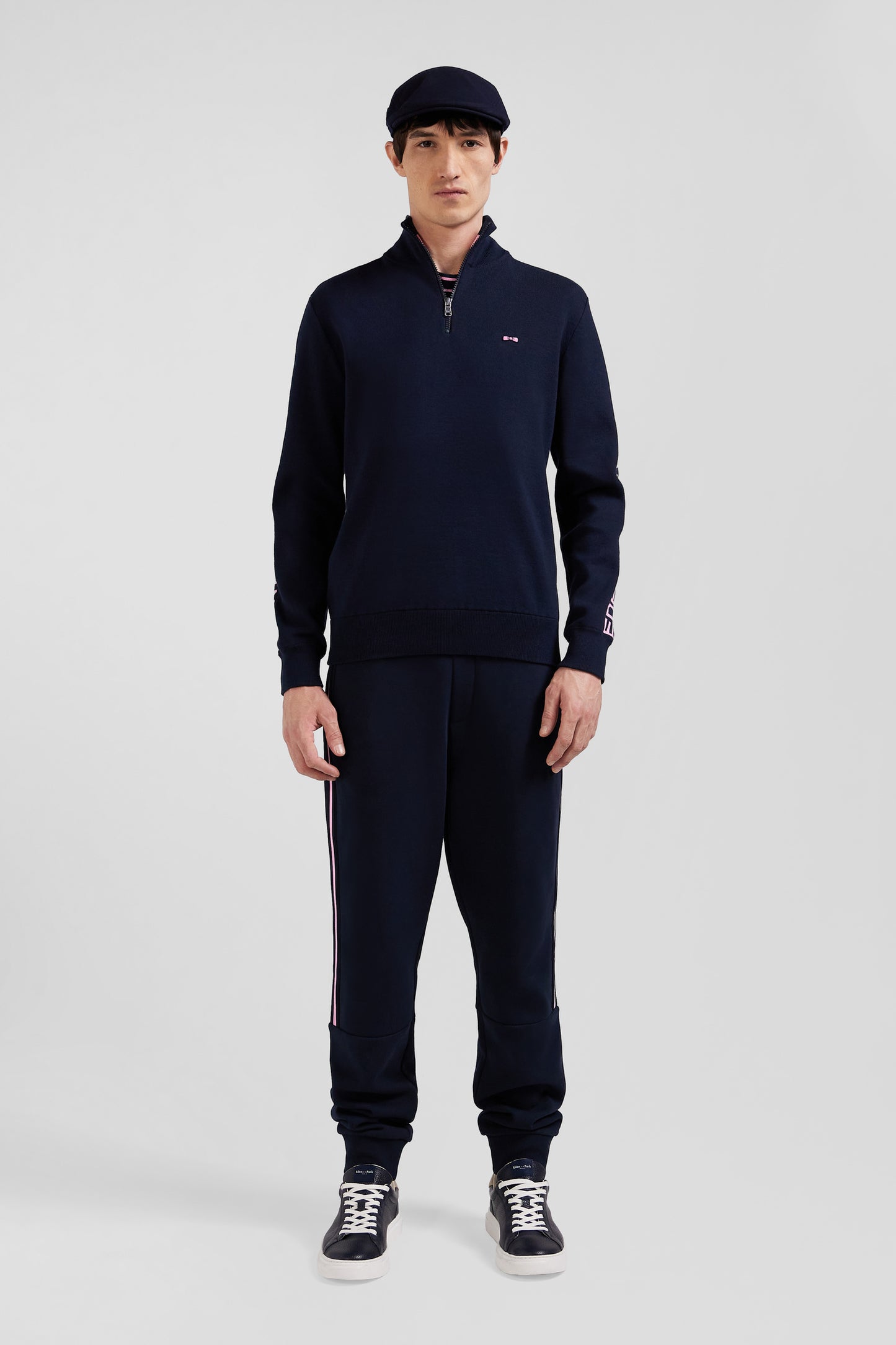 Regular navy semi-zipped cotton jumper with jacquard details