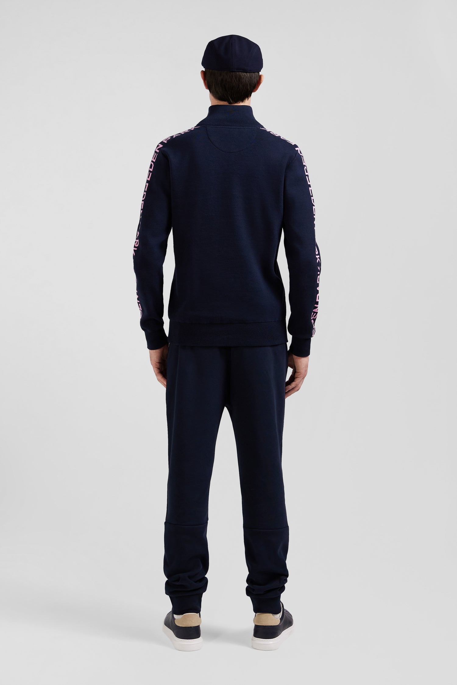 Regular navy semi-zipped cotton jumper with jacquard details