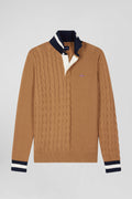 Regular camel cotton jumper with rugby shirt collar