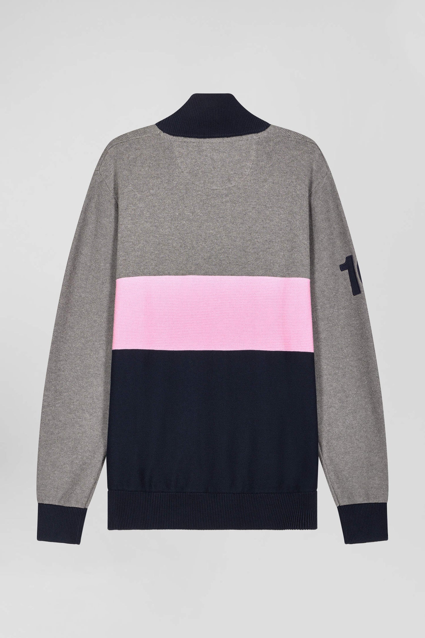 Regular grey embroidered semi-zipped colorblock cotton jumper